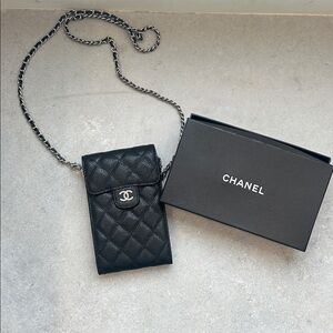 CHANEL Black Quilted Phone Holder with Chain look a like